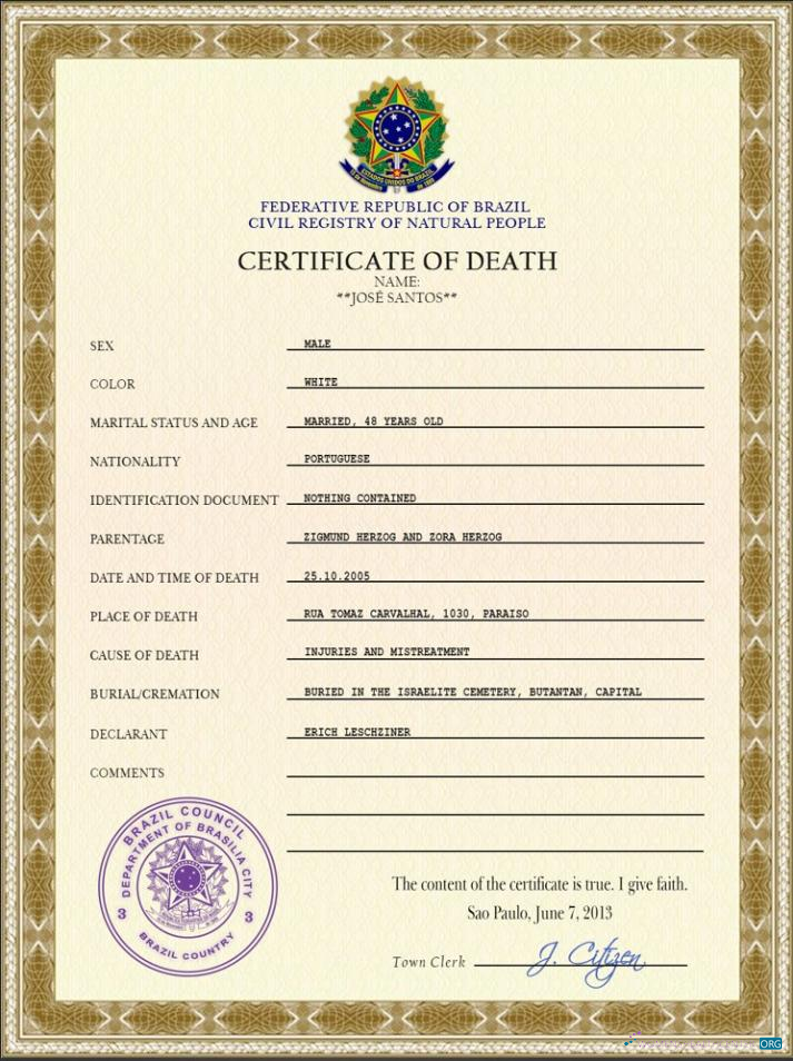 Download Brazil death certificate PSD template Photoshop template